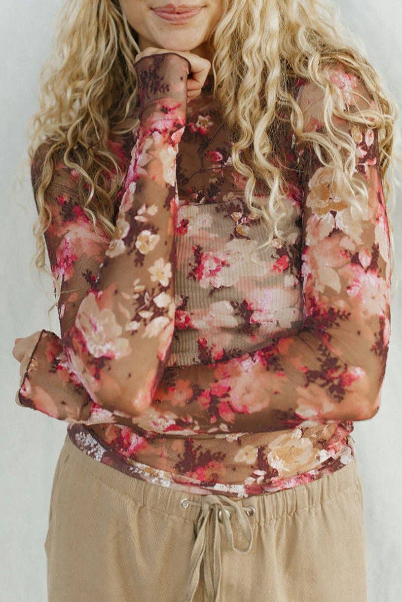 Red floral mesh Long Sleeve Top