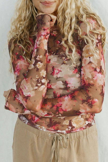 Red floral mesh Long Sleeve Top
