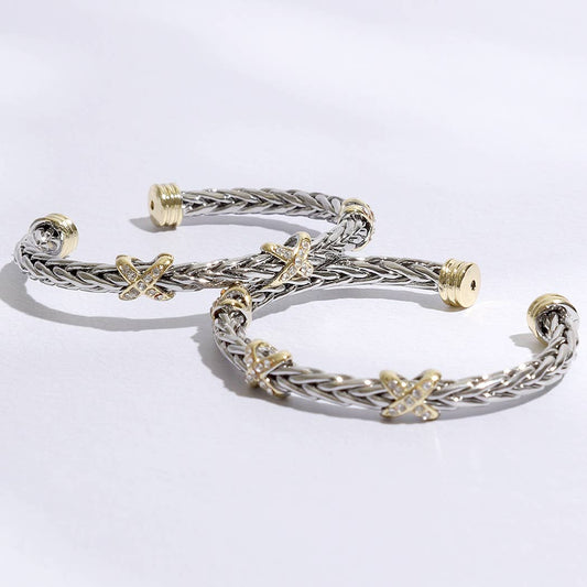 Three CZ X Braided Bangle Bracelet