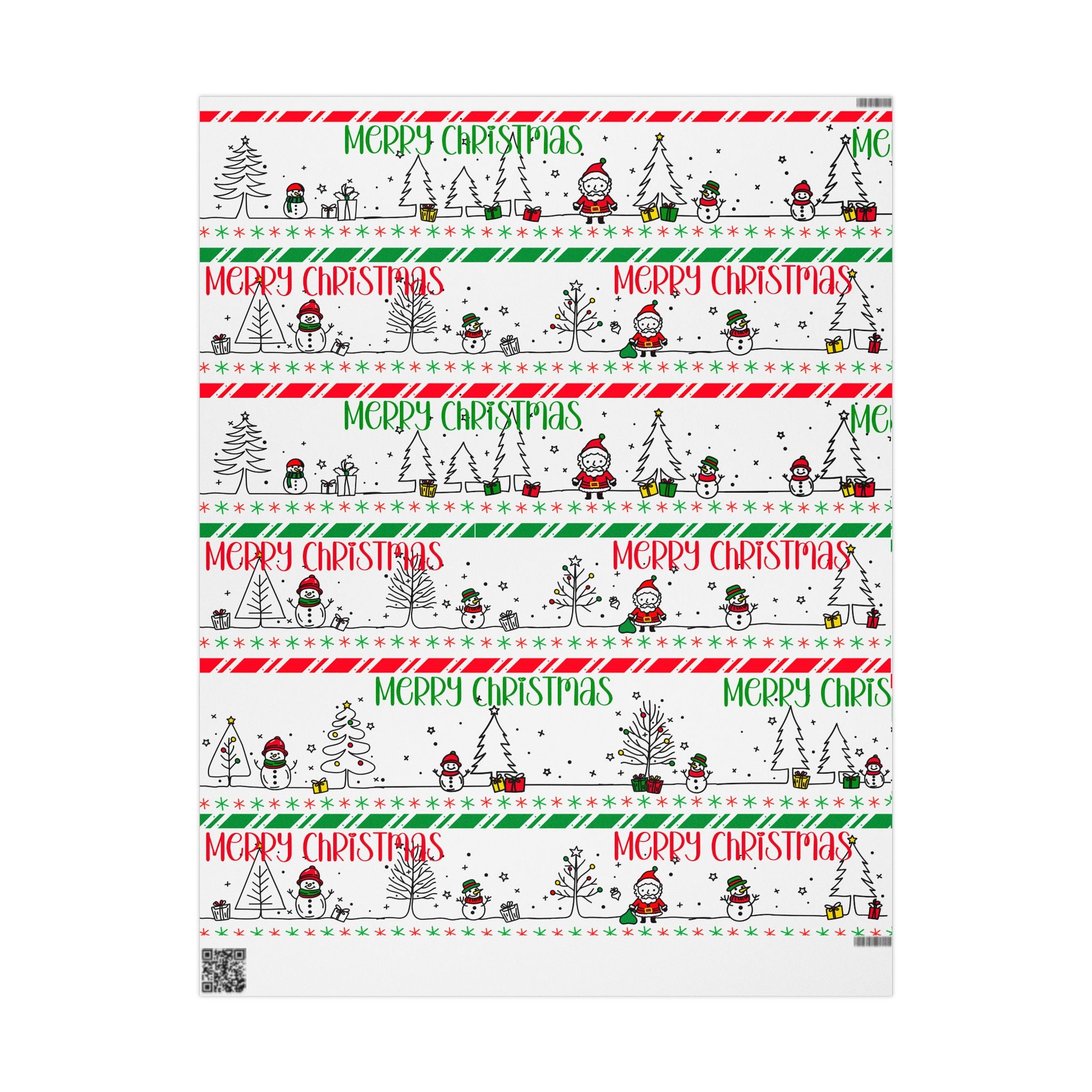 Christmas Wrapping Paper — 'Merry Christmas' Festive Snowman & Tree Pattern