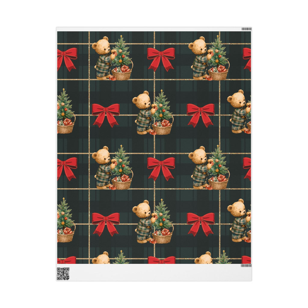 Christmas Teddy Bear Wrapping Paper – Festive Plaid Gift Wrap with Red Bows