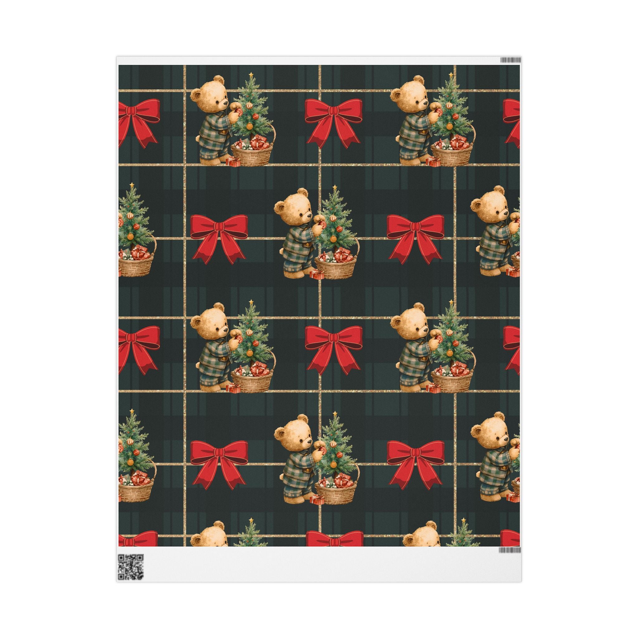 Christmas Teddy Bear Wrapping Paper – Festive Plaid Gift Wrap with Red Bows