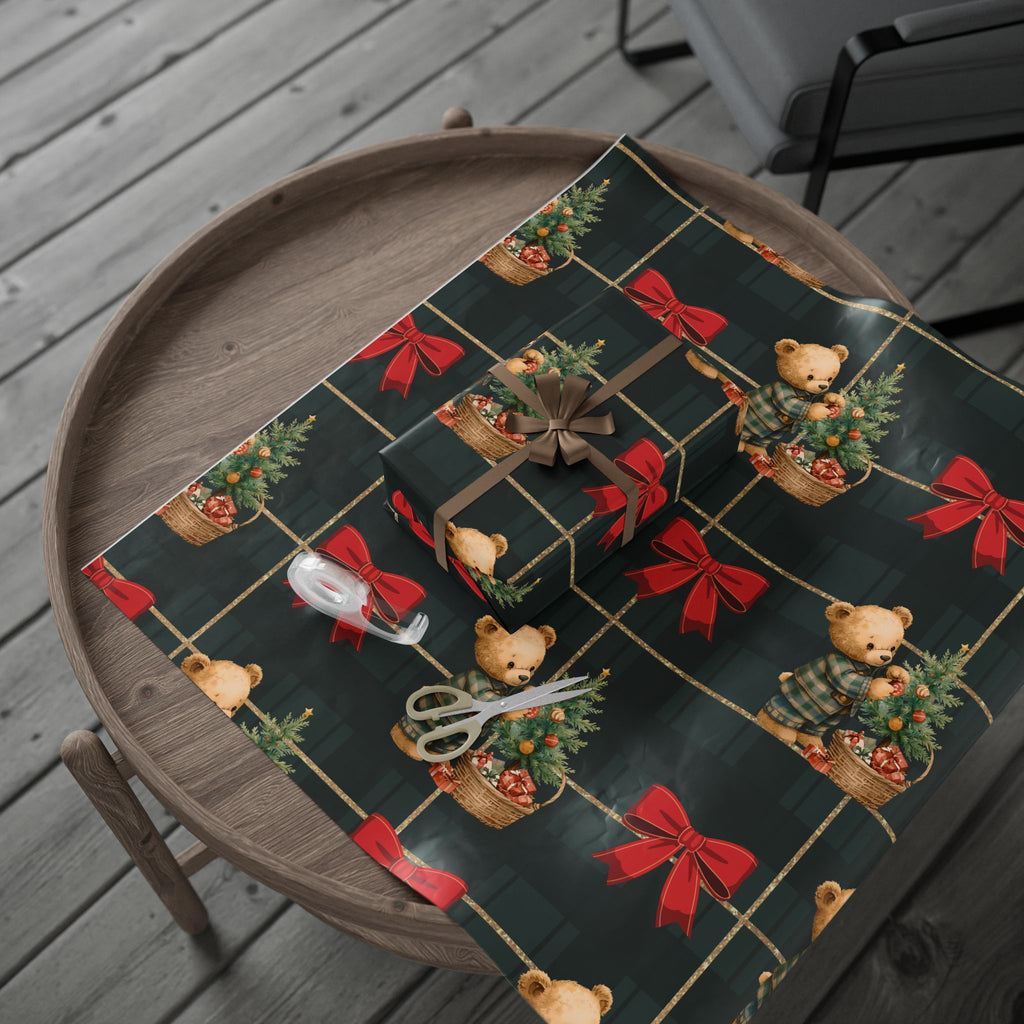 Christmas Teddy Bear Wrapping Paper – Festive Plaid Gift Wrap with Red Bows