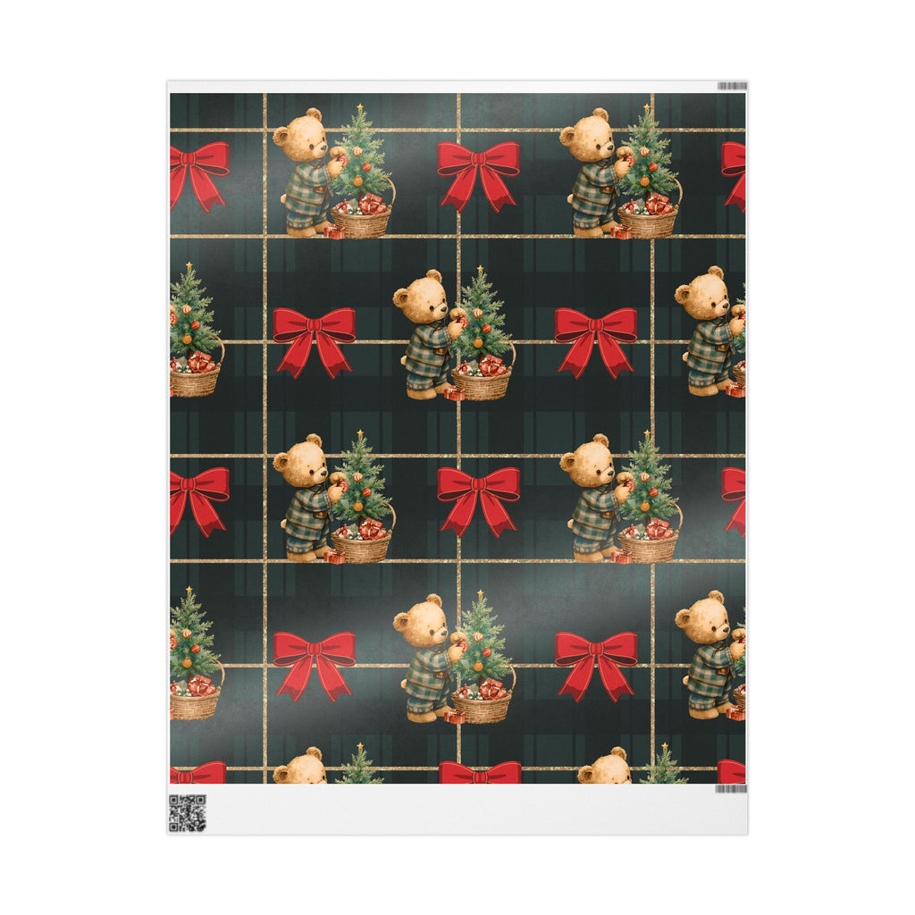 Christmas Teddy Bear Wrapping Paper – Festive Plaid Gift Wrap with Red Bows