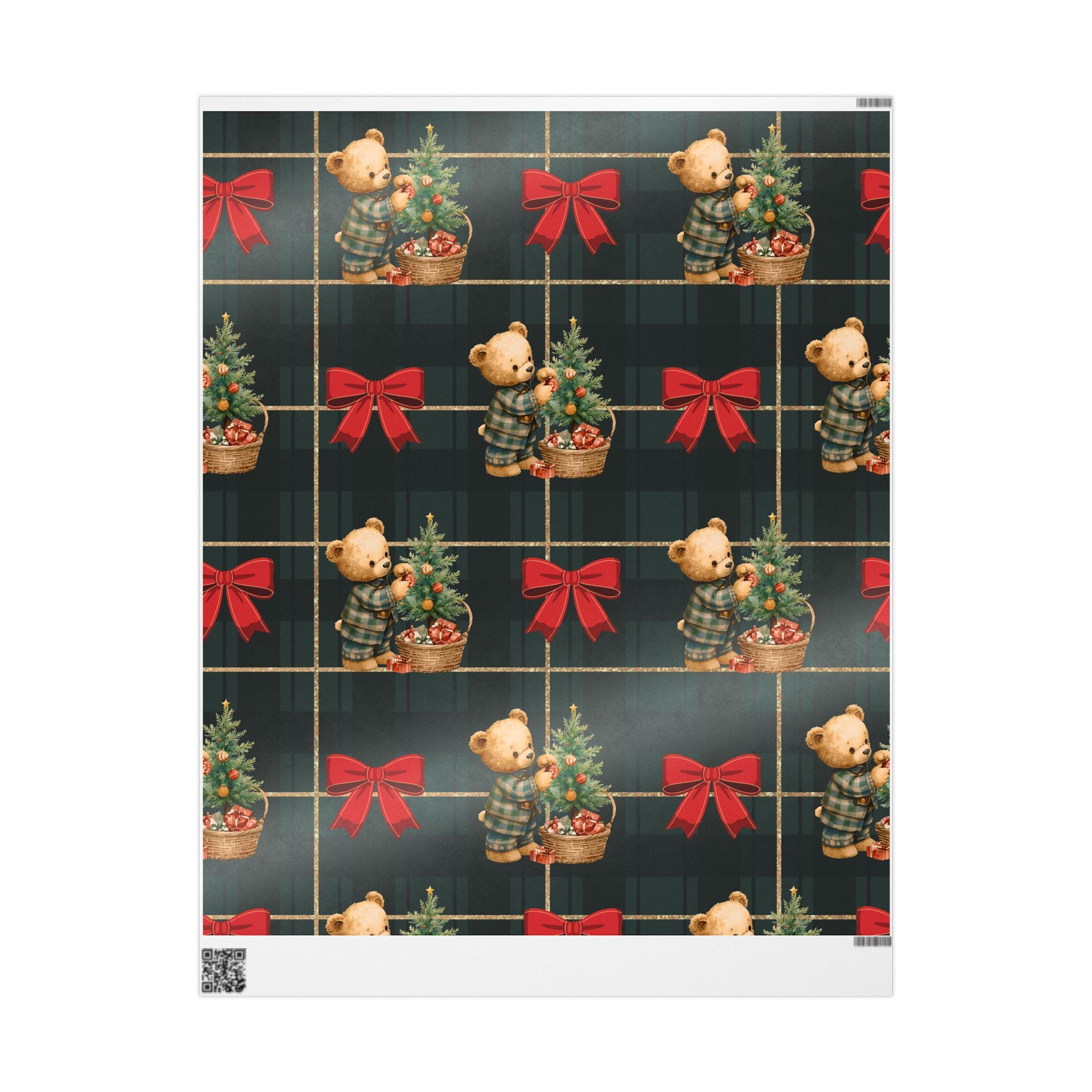 Christmas Teddy Bear Wrapping Paper – Festive Plaid Gift Wrap with Red Bows