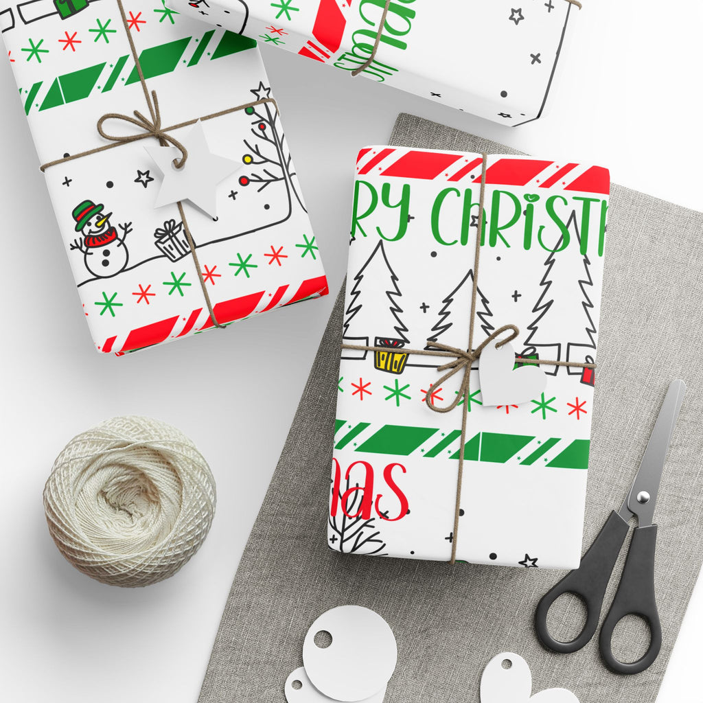 Christmas Wrapping Paper — 'Merry Christmas' Festive Snowman & Tree Pattern