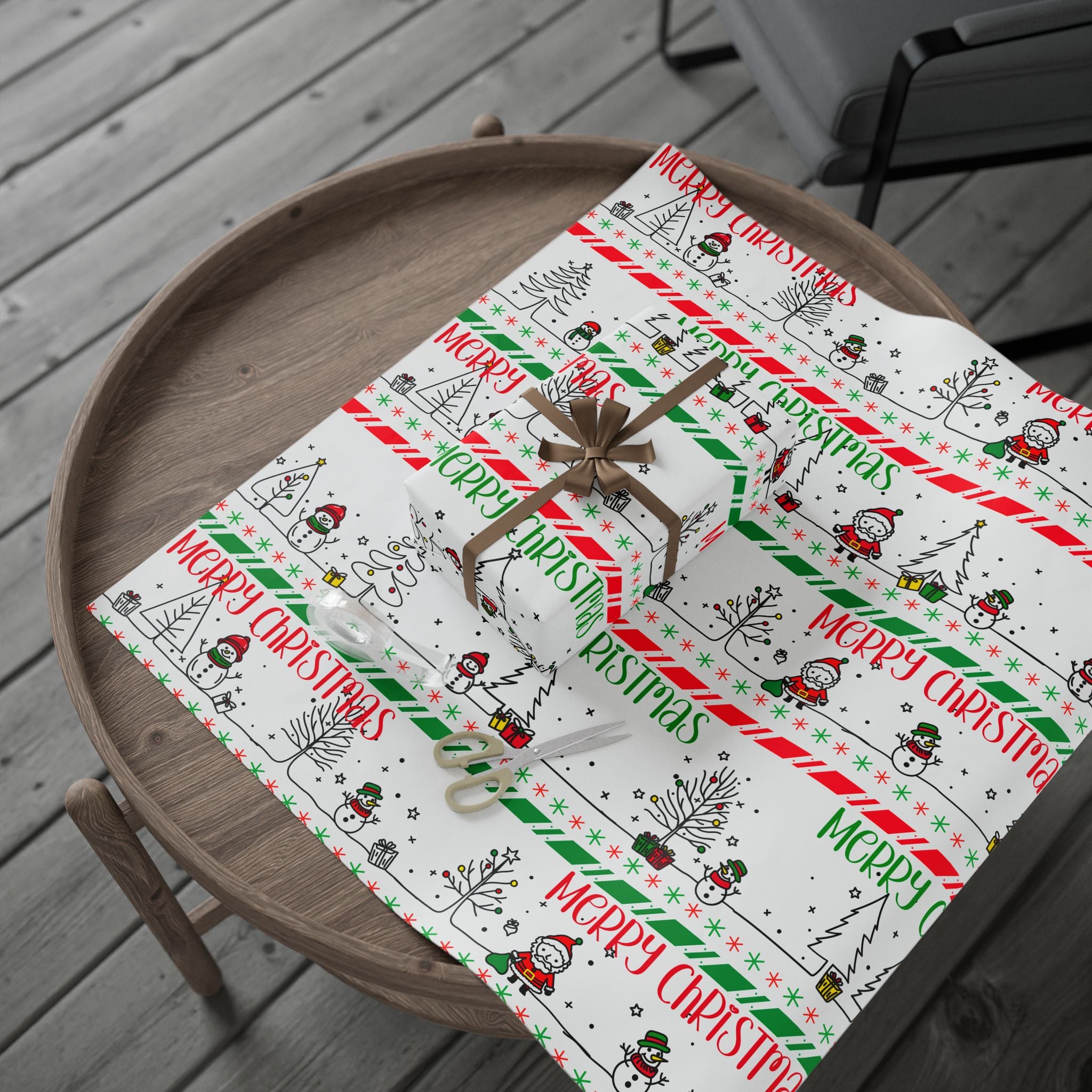 Christmas Wrapping Paper — 'Merry Christmas' Festive Snowman & Tree Pattern