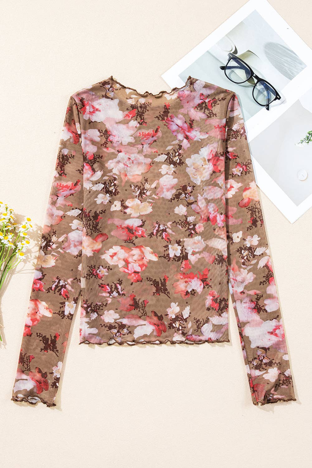 Red floral mesh Long Sleeve Top
