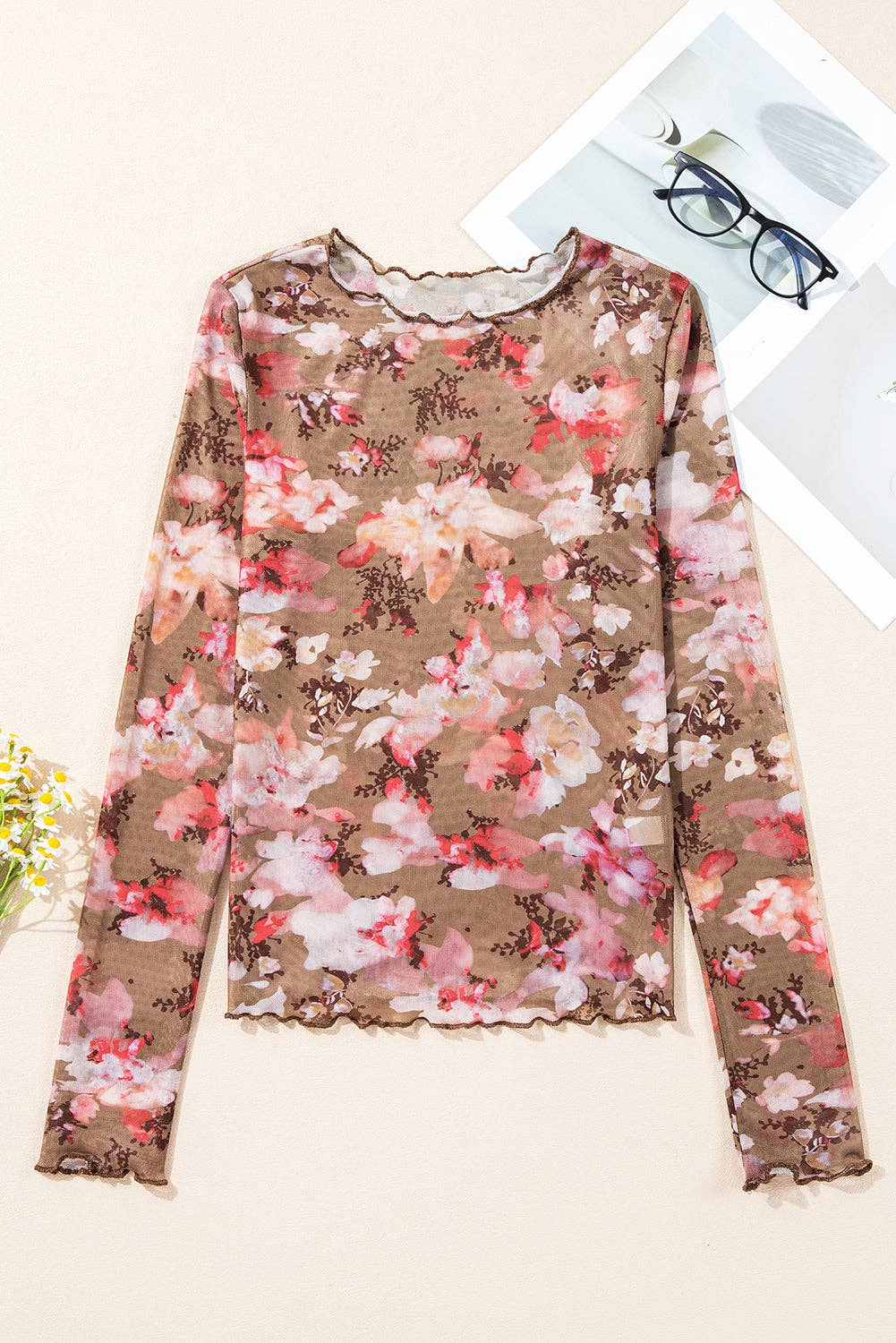 Red floral mesh Long Sleeve Top