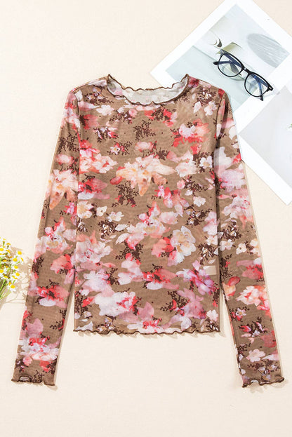 Red floral mesh Long Sleeve Top