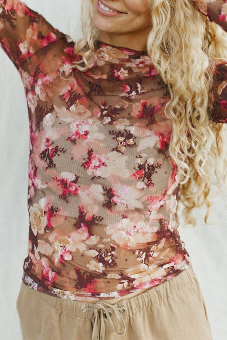 Red floral mesh Long Sleeve Top