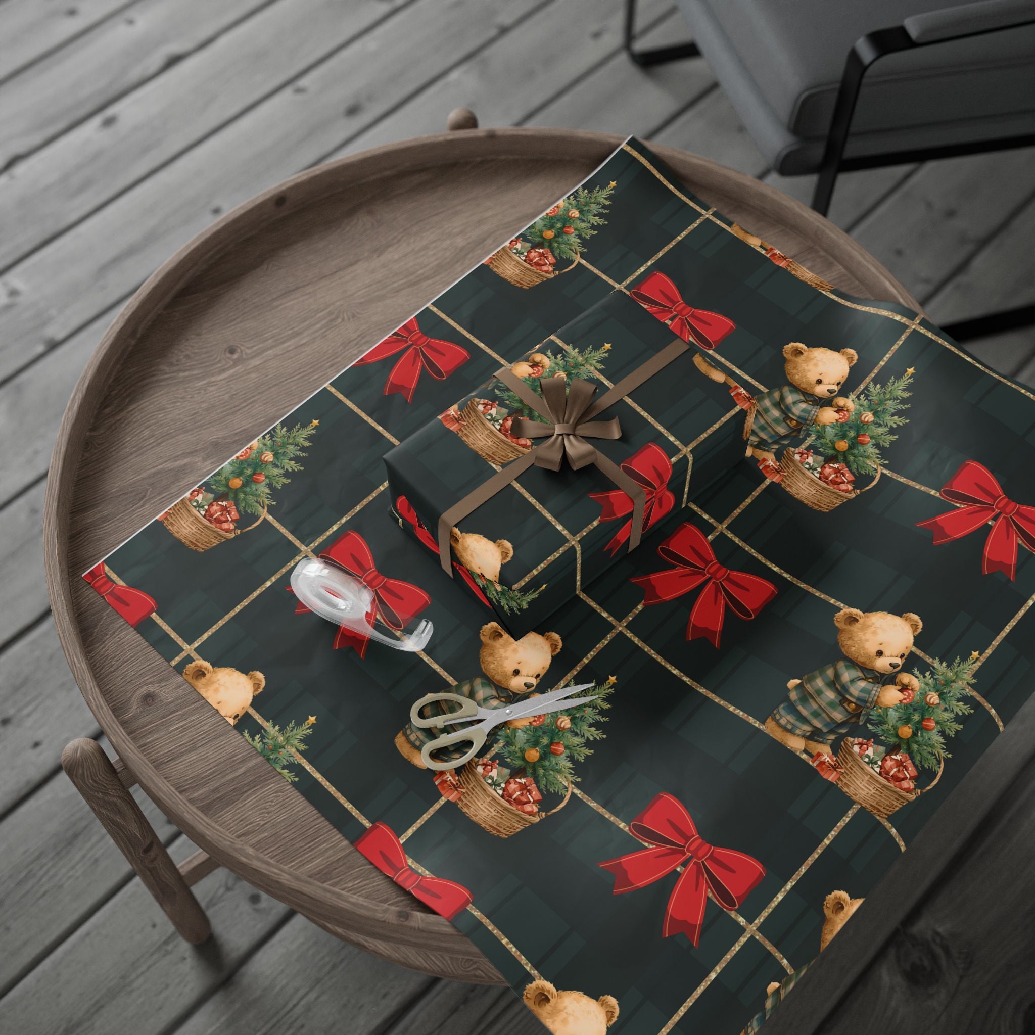 Christmas Teddy Bear Wrapping Paper – Festive Plaid Gift Wrap with Red Bows