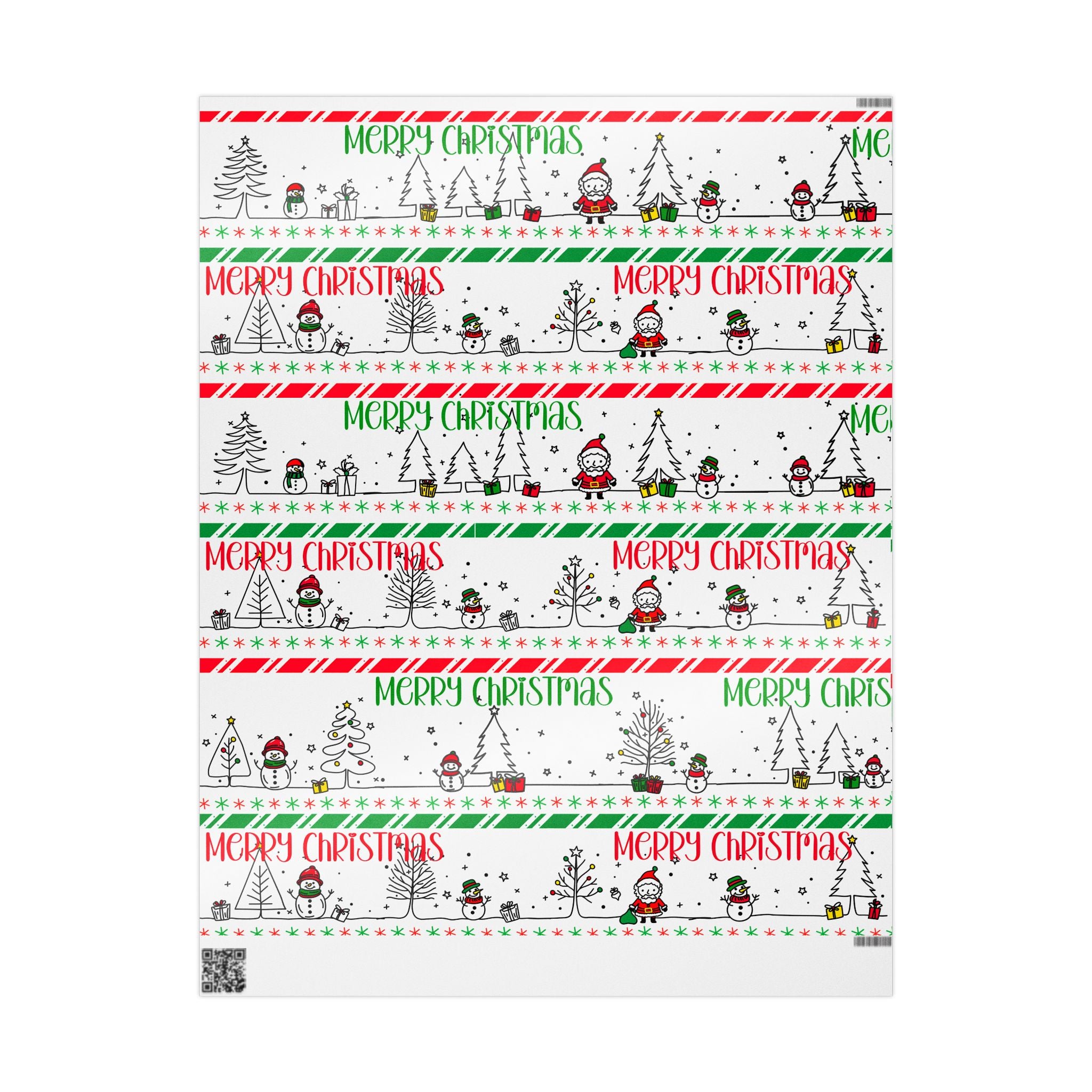 Christmas Wrapping Paper — 'Merry Christmas' Festive Snowman & Tree Pattern