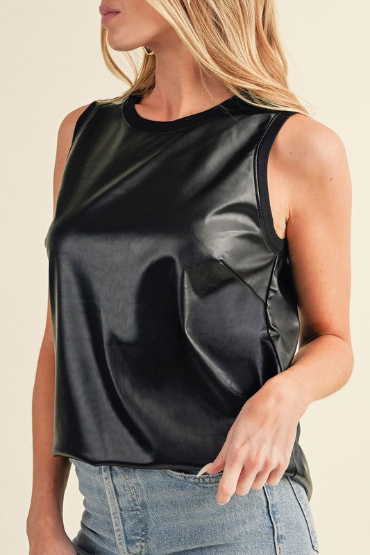 Faux Leather Crew Neck Tank Top