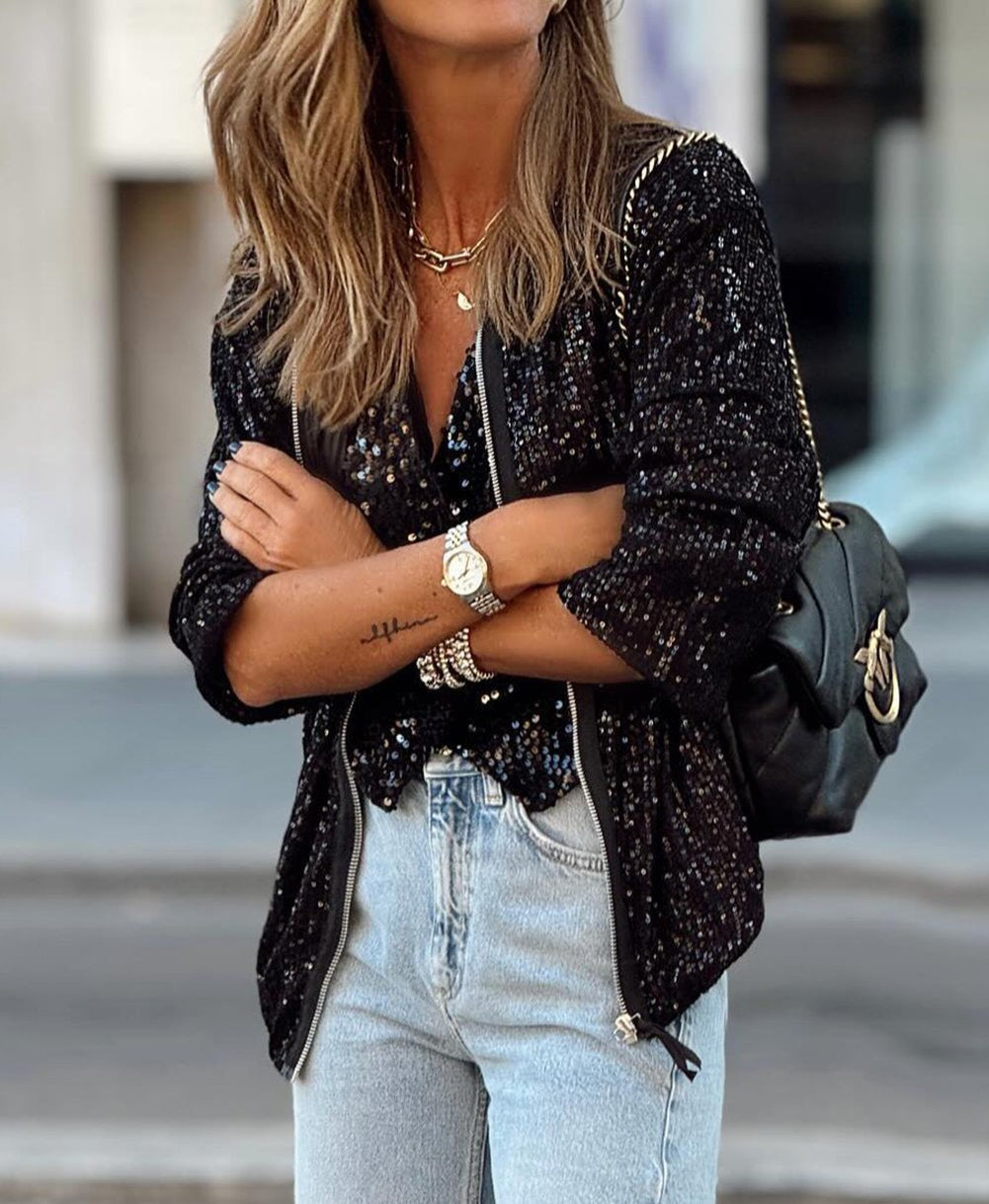Sequin Zip-Up Long Sleeve Jacket