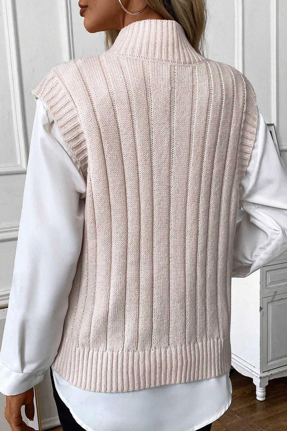 Ribbed Trim High Neck Knit Sweater Vest