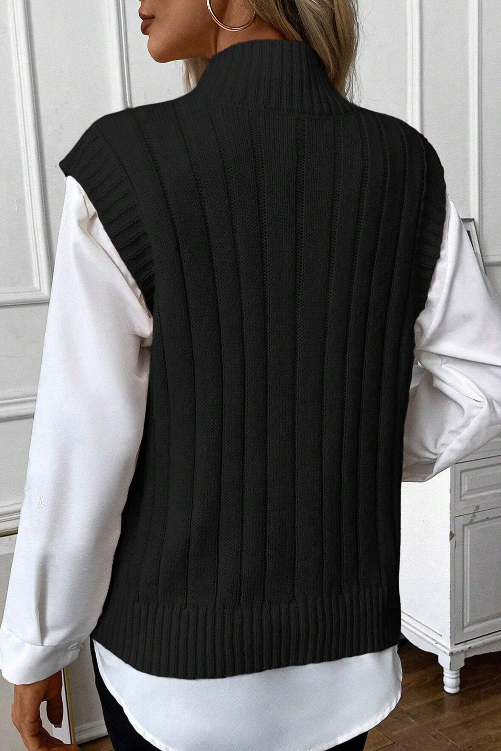 Ribbed Trim High Neck Knit Sweater Vest