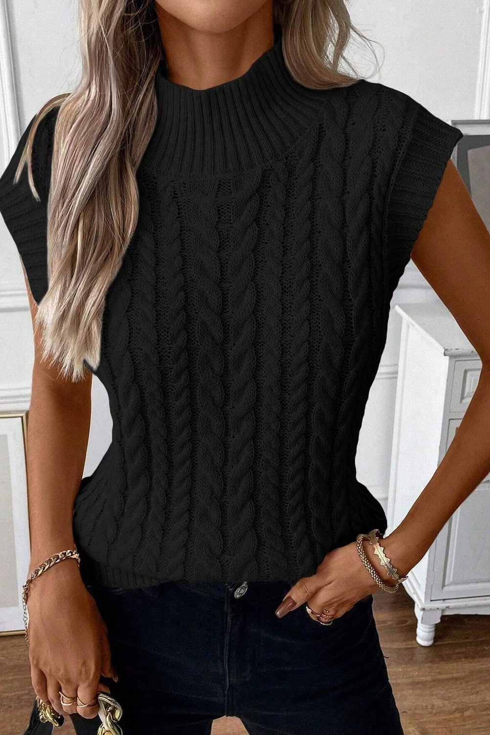 Ribbed Trim High Neck Knit Sweater Vest