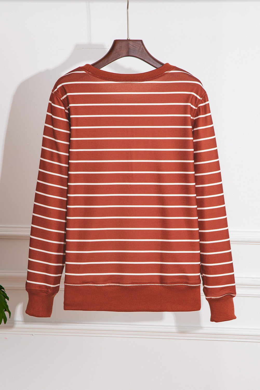 Striped Print Ribbed Trim Long Sleeve Top
