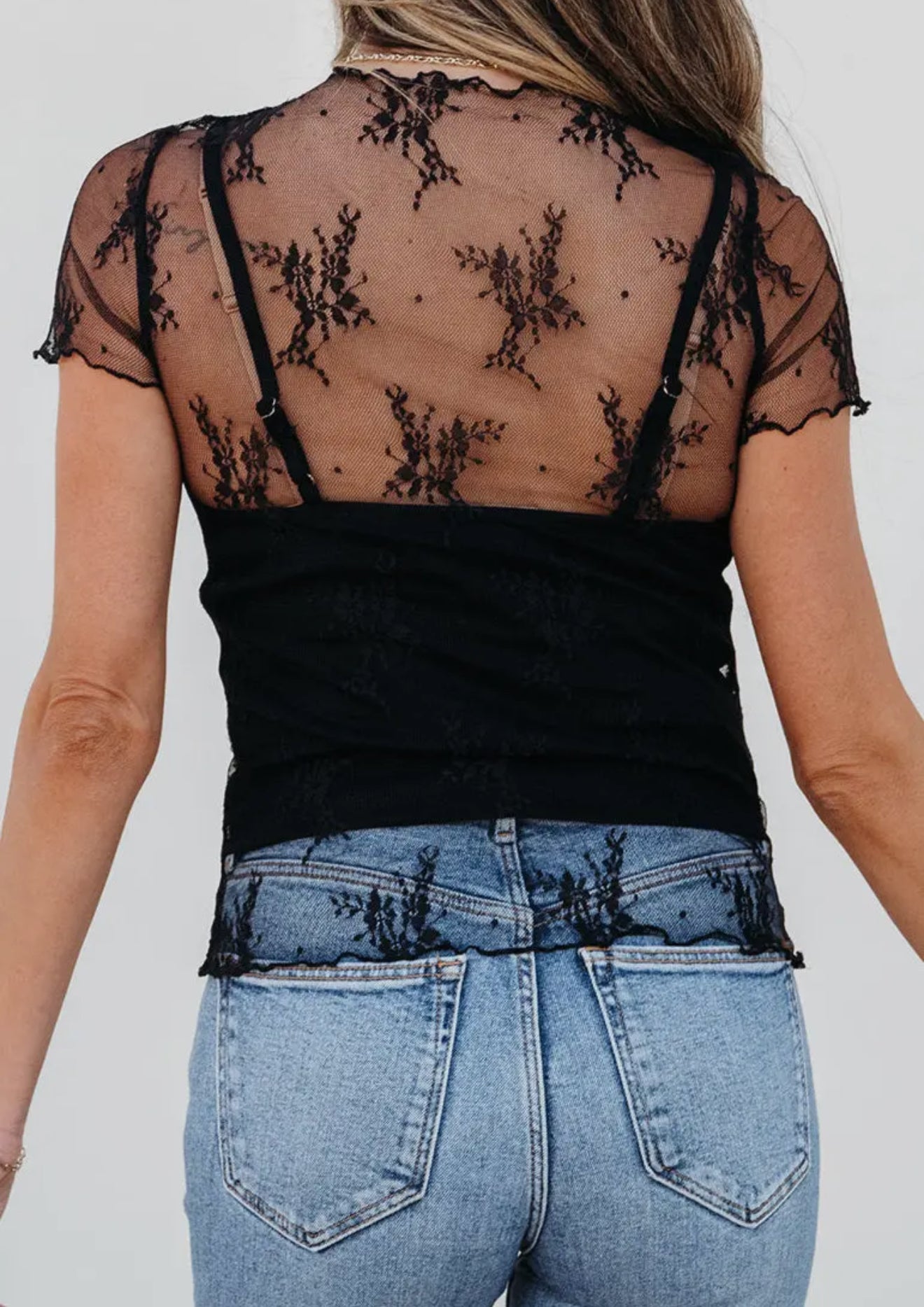 Short sleeve floral mesh top