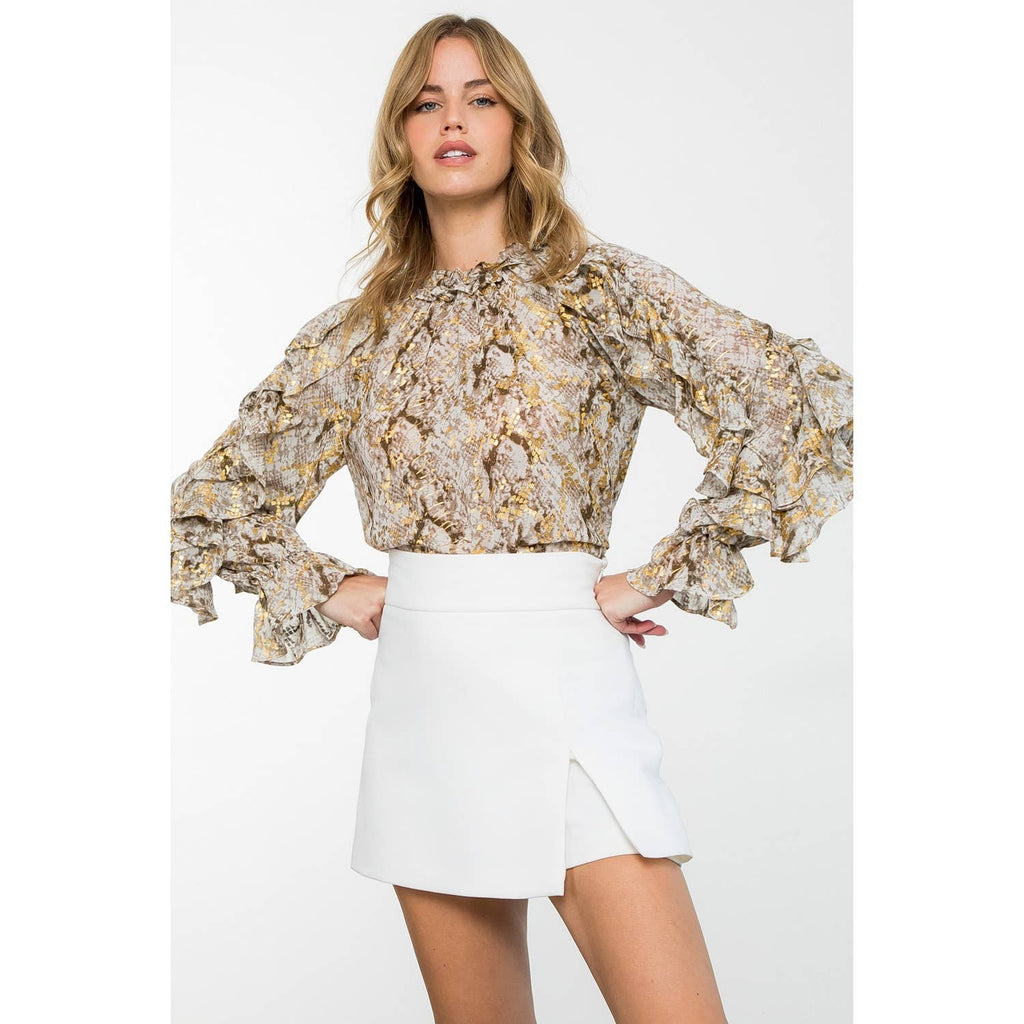 Shimmer & Snakeskin Ruffle Blouse