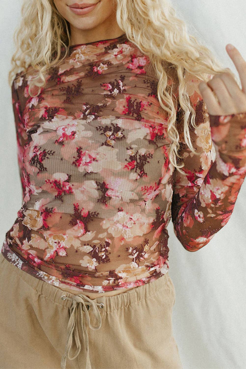 Red floral mesh Long Sleeve Top